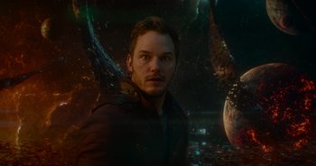 Movie still from “Guardians of the Galaxy” (2014), directed by James Gunn – A person in a space suit; Close Up shot, Over the shoulder angle