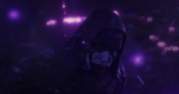 Movie still from “Guardians of the Galaxy” (2014), directed by James Gunn – A man in a purple mask is in the dark; Close Up shot, Low angle