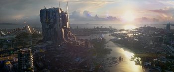 Movie still from “Guardians of the Galaxy” (2014), directed by James Gunn – An aerial view of a city and a river; Extreme Wide shot, High angle