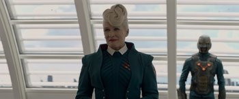 Movie still from “Guardians of the Galaxy” (2014), directed by James Gunn – A woman with blonde hair wearing a green jacket; Close Up shot, Low angle