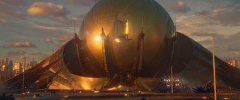 Movie still from “Guardians of the Galaxy Vol. 2” (2017), directed by James Gunn – A large golden ball is lit up at night; Extreme Wide shot, Low angle