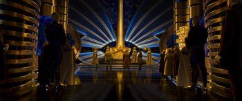 Movie still from “Guardians of the Galaxy Vol. 2” (2017), directed by James Gunn – A group of people standing in front of an altar; Extreme Wide shot, High angle