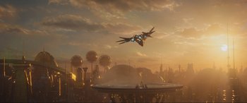 Movie still from “Guardians of the Galaxy Vol. 2” (2017), directed by James Gunn – An image of an airplane flying in the sky; Extreme Wide shot, Low angle