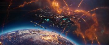 Movie still from “Guardians of the Galaxy Vol. 2” (2017), directed by James Gunn – An image of an airplane flying in the sky; Extreme Wide shot, High angle