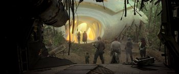 Movie still from “Guardians of the Galaxy Vol. 2” (2017), directed by James Gunn – A group of people standing in front of an entrance to a building; Extreme Wide shot, Low angle