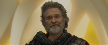 Movie still from “Guardians of the Galaxy Vol. 2” (2017), directed by James Gunn – An older man with long gray hair and a beard; Close Up shot, Low angle