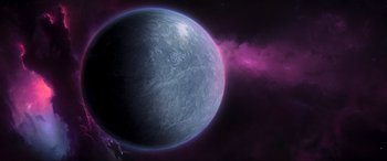 Movie still from “Guardians of the Galaxy Vol. 2” (2017), directed by James Gunn – An image of an exoplanet in the night sky; Extreme Wide shot, High angle