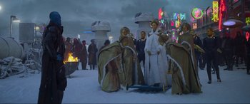 Movie still from “Guardians of the Galaxy Vol. 2” (2017), directed by James Gunn – A group of people standing next to each other on snow; Extreme Wide shot, Low angle