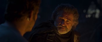Movie still from “Guardians of the Galaxy Vol. 2” (2017), directed by James Gunn – An older man with a gray beard talking to a younger man; Close Up shot, Over the shoulder angle