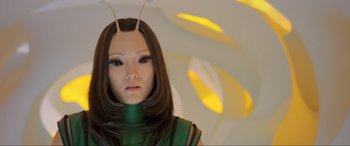 Movie still from “Guardians of the Galaxy Vol. 2” (2017), directed by James Gunn – A person wearing a costume; Close Up shot, Over the shoulder angle