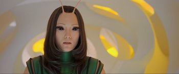 Movie still from “Guardians of the Galaxy Vol. 2” (2017), directed by James Gunn – A person wearing a costume; Close Up shot, Over the shoulder angle