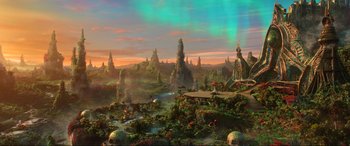 Movie still from “Guardians of the Galaxy Vol. 2” (2017), directed by James Gunn – An artistic rendering of a landscape with a lot of trees; Extreme Wide shot, High angle