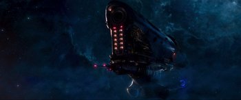 Movie still from “Guardians of the Galaxy Vol. 2” (2017), directed by James Gunn – An image of an alien spaceship in the night sky; Extreme Wide shot, Low angle