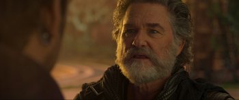 Movie still from “Guardians of the Galaxy Vol. 2” (2017), directed by James Gunn – An older man with a beard looking into the distance; Close Up shot, Over the shoulder angle