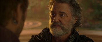 Movie still from “Guardians of the Galaxy Vol. 2” (2017), directed by James Gunn – An older man with a beard looking into the distance; Close Up shot, Over the shoulder angle