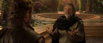 Movie still from “Guardians of the Galaxy Vol. 2” (2017), directed by James Gunn – A man with a long beard talking to another man; Medium shot, Over the shoulder angle