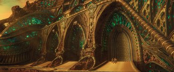 Movie still from “Guardians of the Galaxy Vol. 2” (2017), directed by James Gunn – A large cathedral with green and gold stained glass windows; Extreme Wide shot, High angle