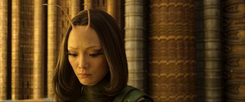 Movie still from “Guardians of the Galaxy Vol. 2” (2017), directed by James Gunn – A person wearing a costume; Close Up shot, High angle