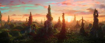 Movie still from “Guardians of the Galaxy Vol. 2” (2017), directed by James Gunn – An image of an alien landscape with trees in the background; Extreme Wide shot, High angle
