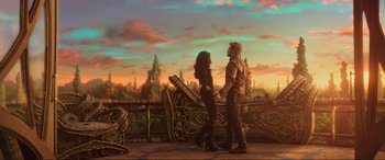 Movie still from “Guardians of the Galaxy Vol. 2” (2017), directed by James Gunn – A man and a woman standing next to each other; Wide shot, Over the shoulder angle