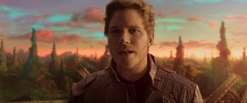 Movie still from “Guardians of the Galaxy Vol. 2” (2017), directed by James Gunn – A person wearing a jacket; Close Up shot, Over the shoulder angle