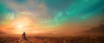 Movie still from “Guardians of the Galaxy Vol. 2” (2017), directed by James Gunn – The sun is setting over a field of grass and trees; Extreme Wide shot, Low angle