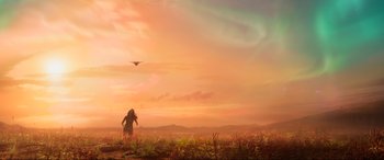Movie still from “Guardians of the Galaxy Vol. 2” (2017), directed by James Gunn – A person in a field with a bird flying in the background; Extreme Wide shot, Low angle