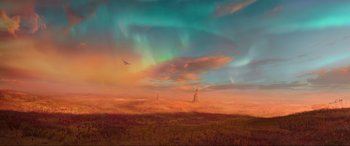 Movie still from “Guardians of the Galaxy Vol. 2” (2017), directed by James Gunn – An image of an image of a desert scene with a bird flying in the sky; Extreme Wide shot, High angle