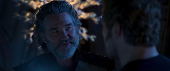 Movie still from “Guardians of the Galaxy Vol. 2” (2017), directed by James Gunn – An older man with long hair and a beard is talking to a younger man; Close Up shot, Over the shoulder angle