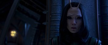 Movie still from “Guardians of the Galaxy Vol. 2” (2017), directed by James Gunn – A woman in a black outfit with long black hair; Close Up shot, Over the shoulder angle