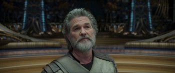 Movie still from “Guardians of the Galaxy Vol. 2” (2017), directed by James Gunn – An older man with grey hair and a gray beard; Close Up shot, Low angle