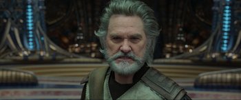 Movie still from “Guardians of the Galaxy Vol. 2” (2017), directed by James Gunn – An older man with a beard and a mustache; Close Up shot, Low angle
