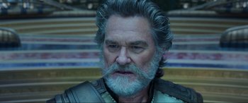 Movie still from “Guardians of the Galaxy Vol. 2” (2017), directed by James Gunn – An older man with a beard and a long mustache; Close Up shot, Low angle