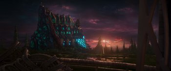 Movie still from “Guardians of the Galaxy Vol. 2” (2017), directed by James Gunn – An image of a building in the middle of the night; Extreme Wide shot, Low angle