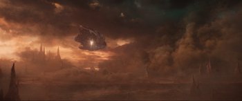 Movie still from “Guardians of the Galaxy Vol. 2” (2017), directed by James Gunn – An image of an alien spaceship in the sky; Extreme Wide shot, Low angle