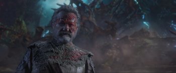 Movie still from “Guardians of the Galaxy Vol. 2” (2017), directed by James Gunn – An old man with a lot of blood on his face; Close Up shot, Low angle