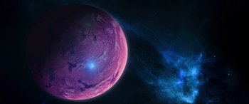 Movie still from “Guardians of the Galaxy Vol. 2” (2017), directed by James Gunn – An image of an exoplanet in the night sky; Extreme Wide shot, High angle