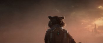Movie still from “Guardians of the Galaxy Vol. 2” (2017), directed by James Gunn – A brown bear is standing in the middle of a field; Close Up shot, Low angle