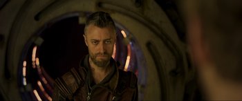 Movie still from “Guardians of the Galaxy Vol. 2” (2017), directed by James Gunn – A person with a beard; Close Up shot, Over the shoulder angle