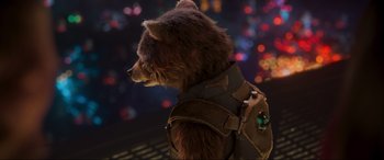 Movie still from “Guardians of the Galaxy Vol. 2” (2017), directed by James Gunn – A brown teddy bear wearing a brown vest and harness; Close Up shot, Low angle