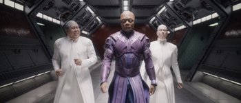 Movie still from “Guardians of the Galaxy Vol. 3” (2023), directed by James Gunn – A group of men standing next to each other in a room; Medium shot, Over the shoulder angle