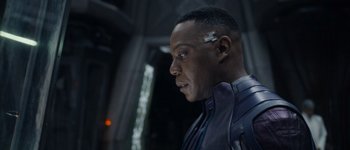 Movie still from “Guardians of the Galaxy Vol. 3” (2023), directed by James Gunn – A person wearing a helmet; Close Up shot, Over the shoulder angle