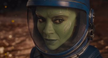 Movie still from “Guardians of the Galaxy Vol. 3” (2023), directed by James Gunn – A woman's face in a space suit; Close Up shot, Over the shoulder angle