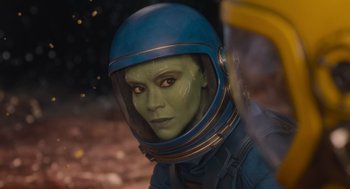Movie still from “Guardians of the Galaxy Vol. 3” (2023), directed by James Gunn – A woman in a space suit and a helmet; Close Up shot, Over the shoulder angle