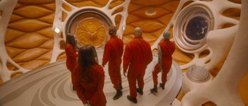 Movie still from “Guardians of the Galaxy Vol. 3” (2023), directed by James Gunn – A group of people standing in a room; Wide shot, High angle