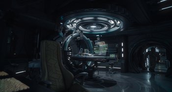 Movie still from “Guardians of the Galaxy Vol. 3” (2023), directed by James Gunn – An image of a room in a space station; Wide shot, High angle