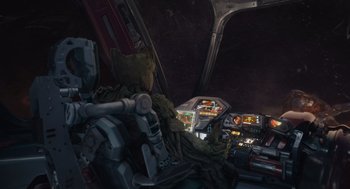 Movie still from “Guardians of the Galaxy Vol. 3” (2023), directed by James Gunn – A view from the cockpit of an airplane; Wide shot, Low angle
