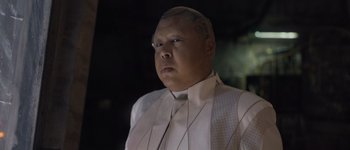 Movie still from “Guardians of the Galaxy Vol. 3” (2023), directed by James Gunn – A man in a white shirt and a tie; Close Up shot, Low angle