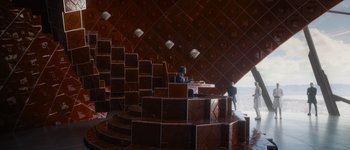 Movie still from “Guardians of the Galaxy Vol. 3” (2023), directed by James Gunn – A room that has a lot of steps in it; Extreme Wide shot, High angle