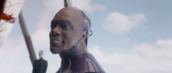 Movie still from “Guardians of the Galaxy Vol. 3” (2023), directed by James Gunn – A man's face with a helmet on; Close Up shot, Low angle